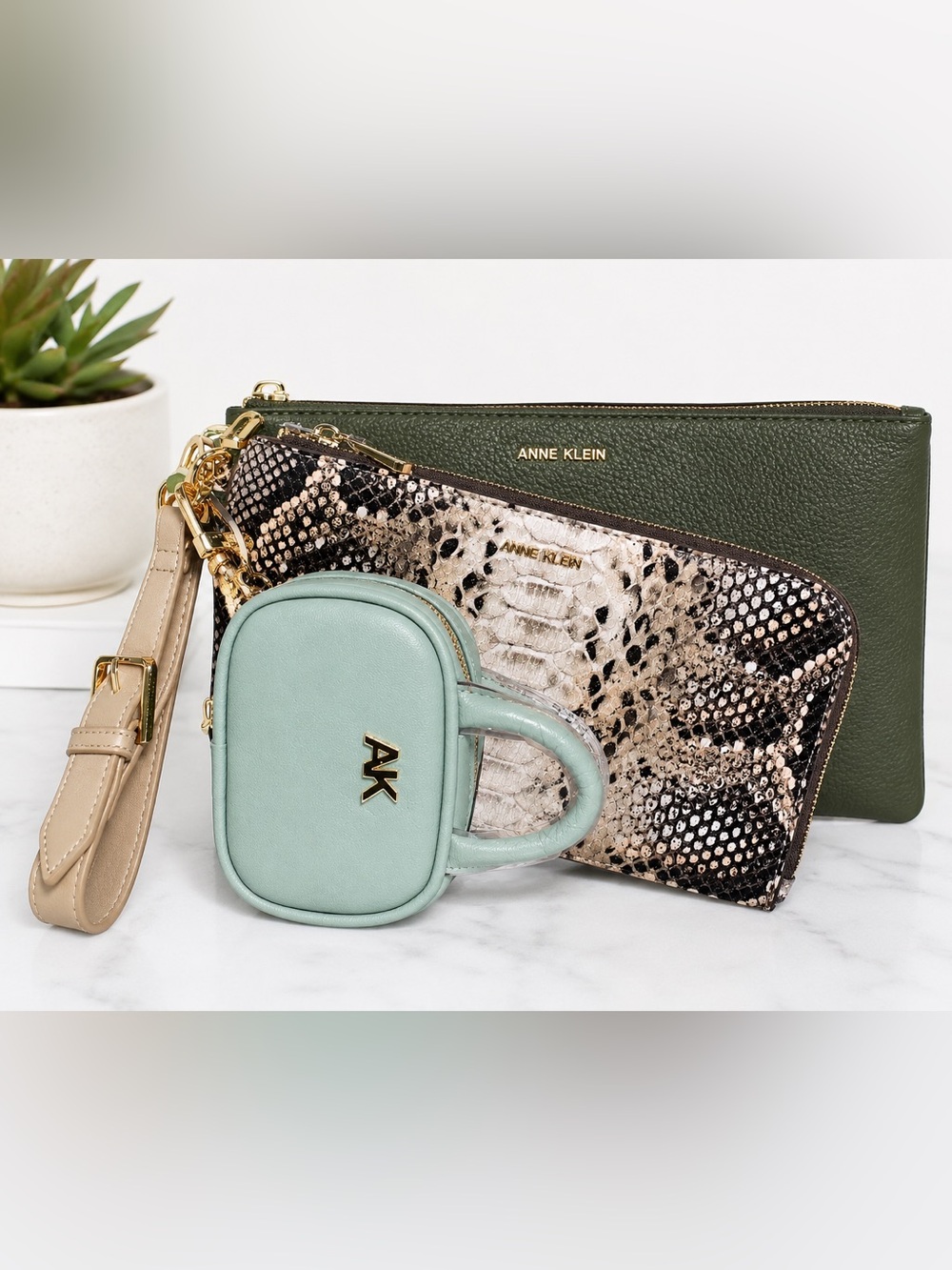 Anne Klein NWT Dark Olive 3pc Wristlet Set Dark Green Snakeskin Charm Pouch (A)